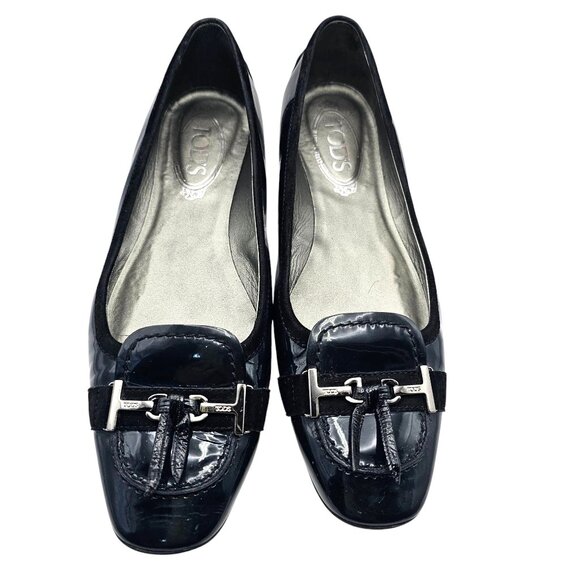 Tods Navy Blue Patent Leather Gommino Driving Flats 9.5 - Picture 1 of 13